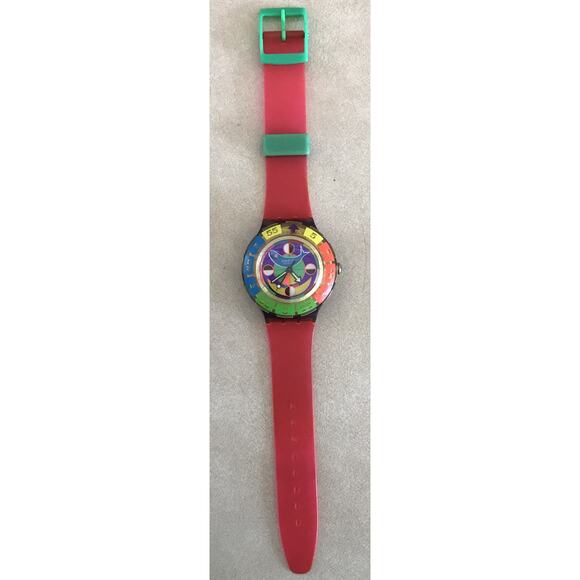 Vintage 90s Swatch Blue Whale Neon Rainbow Multicolor Swiss Wristwatch Watch
